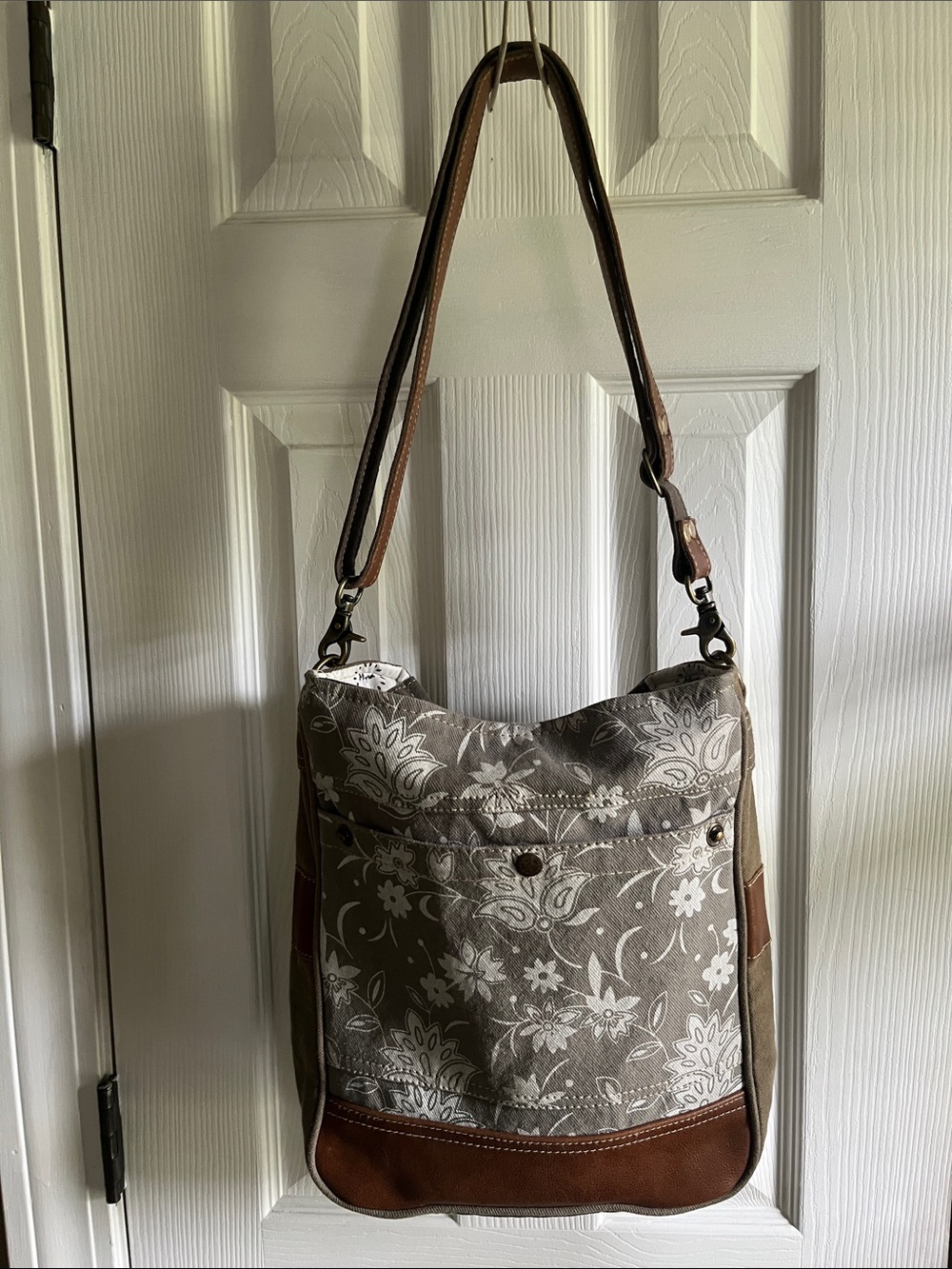 Myra Bag Taupe Floral Canvas Shoulder Bag with Brown Trim